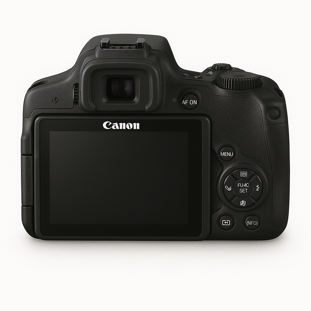 Canon PowerShot SX70 HS black camera with 65x optical zoom and 4K video, back view.