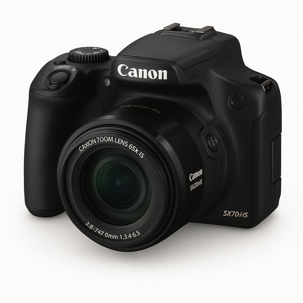 Canon PowerShot SX70 HS black camera with 65x optical zoom and 4K video recording.